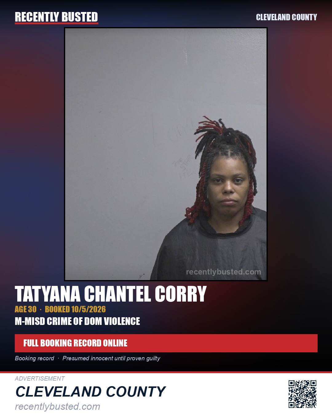 TATYANA CHANTEL CORRY — arrest record card, Cleveland County