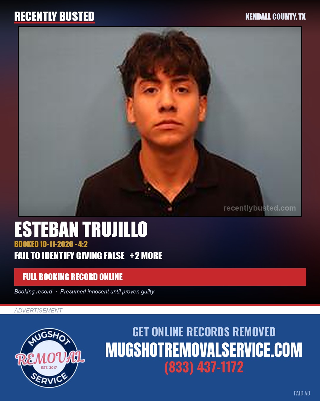 Trujillo, Esteban — arrest record card, Kendall County, Texas