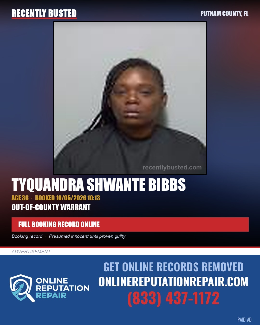 Tyquandra Shwante Bibbs — arrest record card, Putnam County, Florida