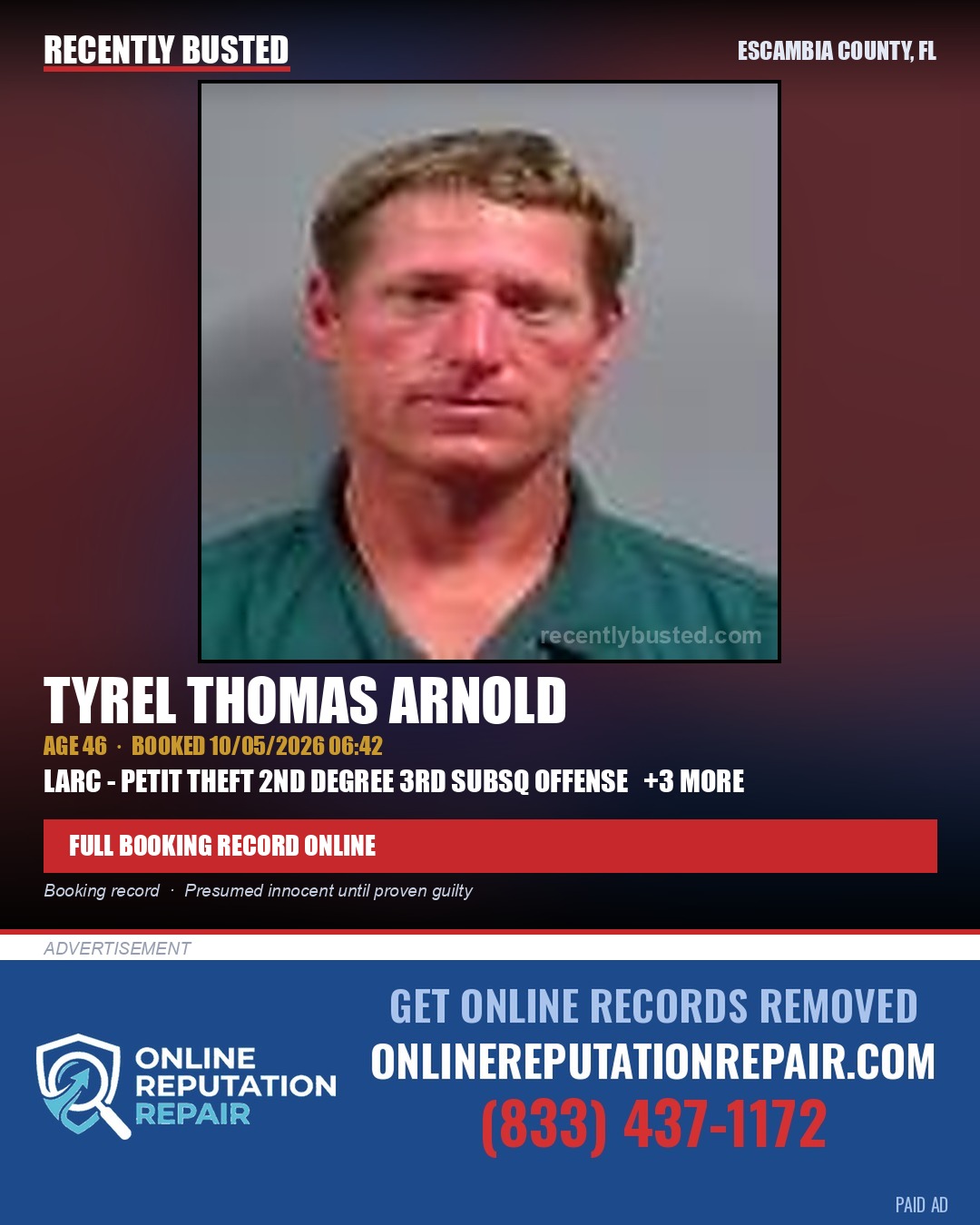 Tyrel Thomas Arnold — arrest record card, Escambia County, Florida