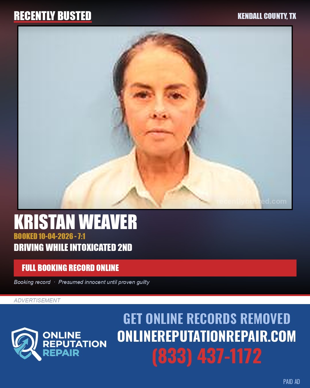 Weaver, Kristan — arrest record card, Kendall County, Texas
