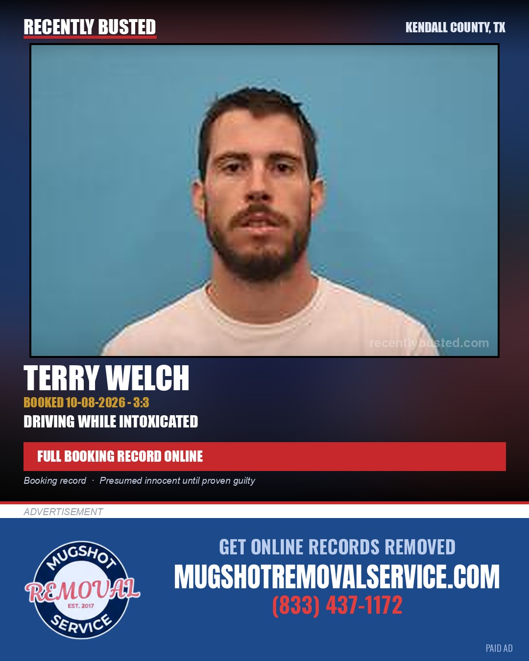 Welch, Terry — arrest record card, Kendall County, Texas