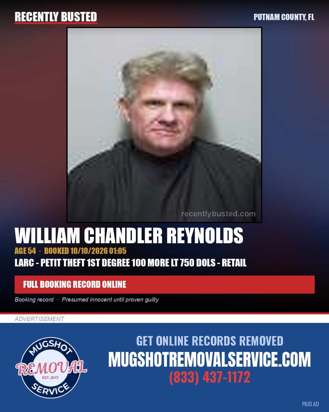 William Chandler Reynolds — arrest record card, Putnam County, Florida