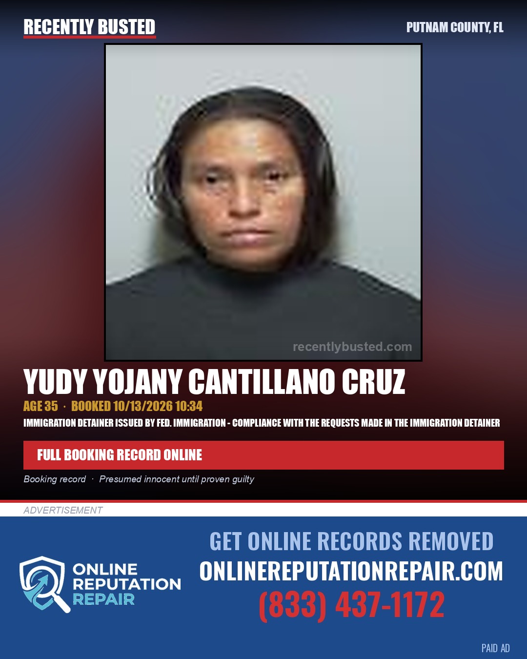 Yudy Yojany Cantillano Cruz — arrest record card, Putnam County, Florida