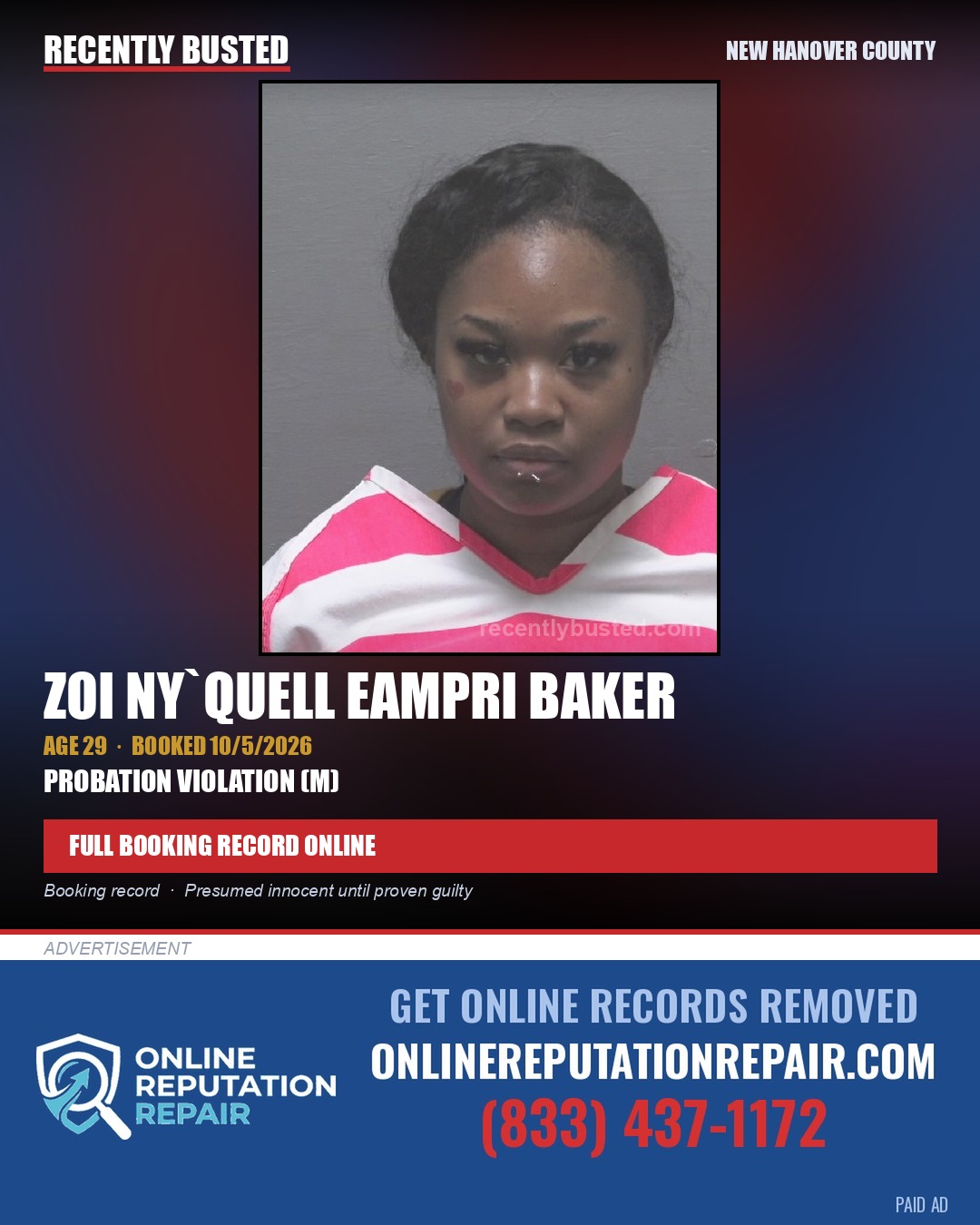 ZOI NY`QUELL EAMPRI BAKER — arrest record card, New Hanover County