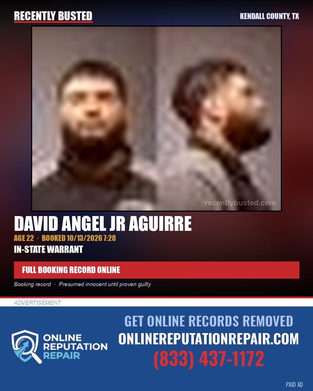 AGUIRRE, DAVID ANGEL JR — arrest record card, Kendall County, Illinois