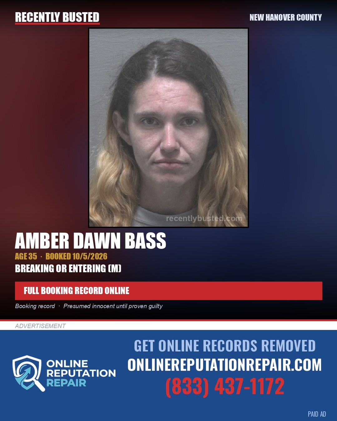 AMBER DAWN BASS — arrest record card, New Hanover County