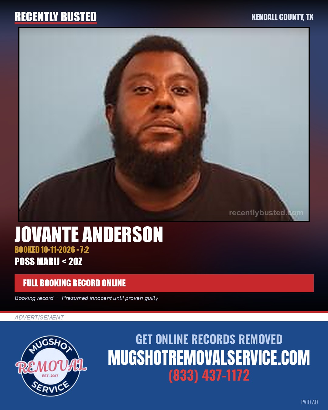 Anderson, Jovante — arrest record card, Kendall County, Texas