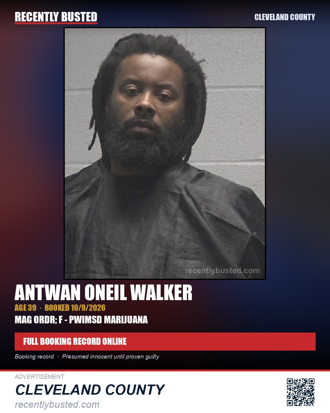 ANTWAN ONEIL WALKER — arrest record card, Cleveland County