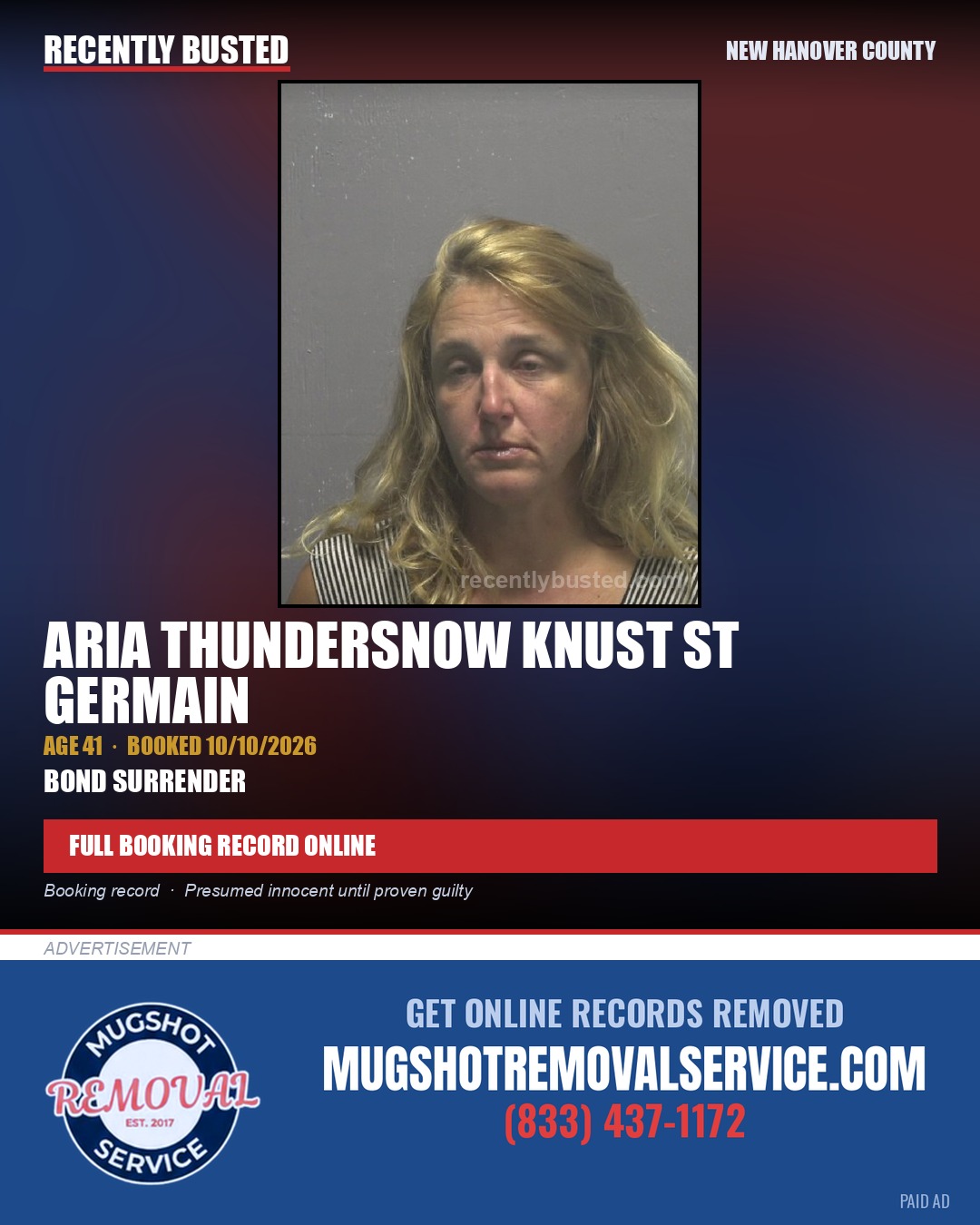 ARIA THUNDERSNOW KNUST ST GERMAIN — arrest record card, New Hanover County