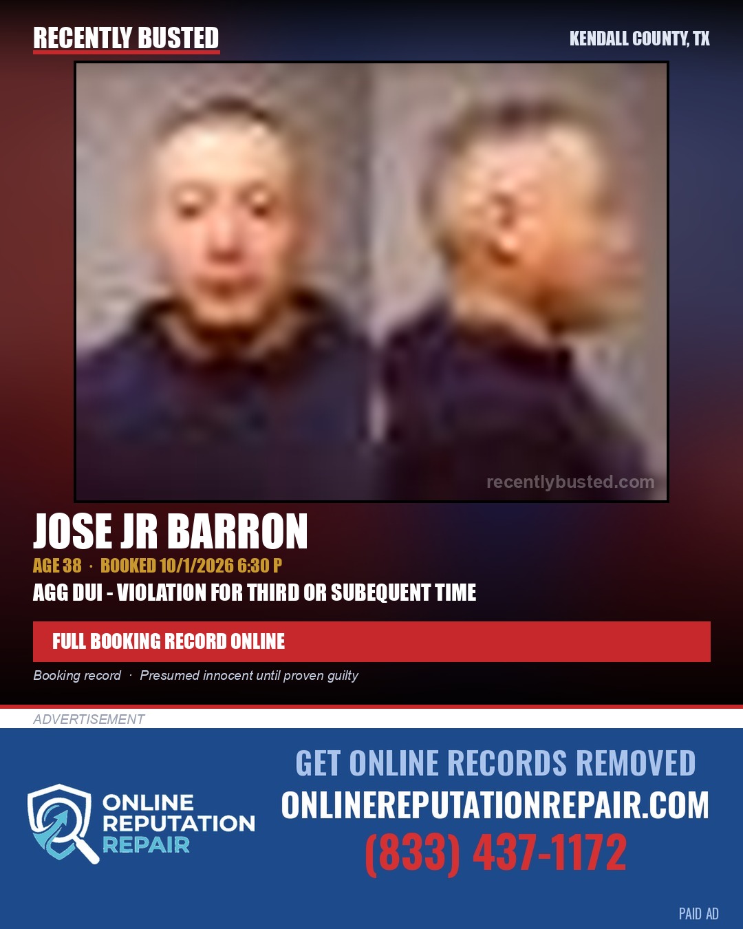 BARRON, JOSE  JR — arrest record card, Kendall County, Illinois
