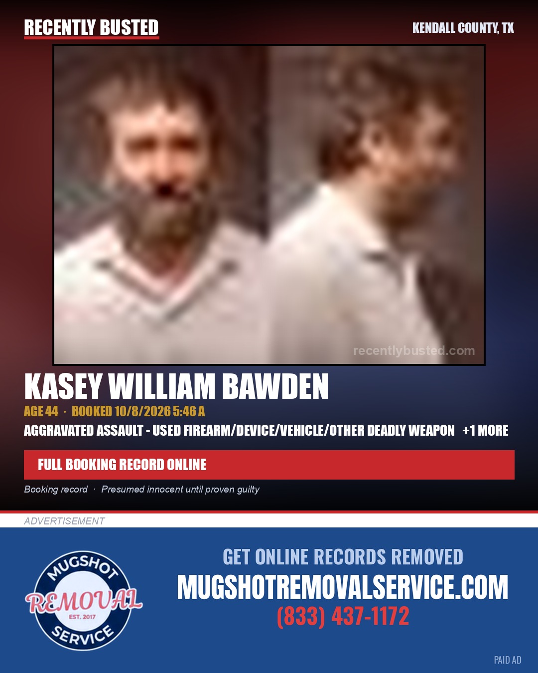 BAWDEN, KASEY WILLIAM — arrest record card, Kendall County, Illinois