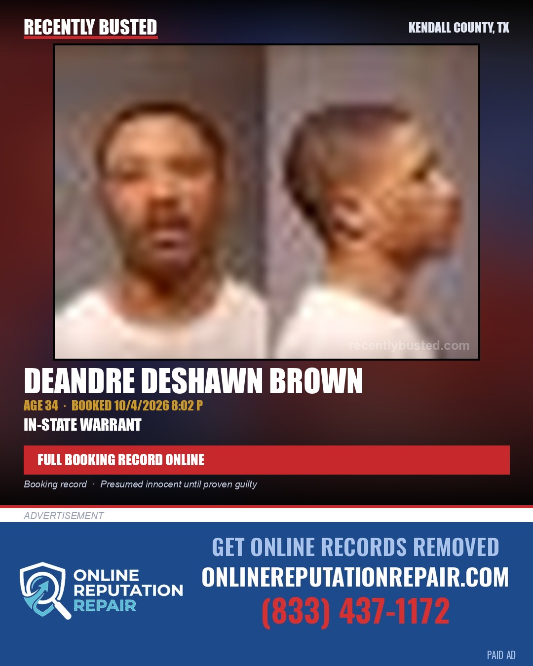 BROWN, DEANDRE DESHAWN — arrest record card, Kendall County, Illinois