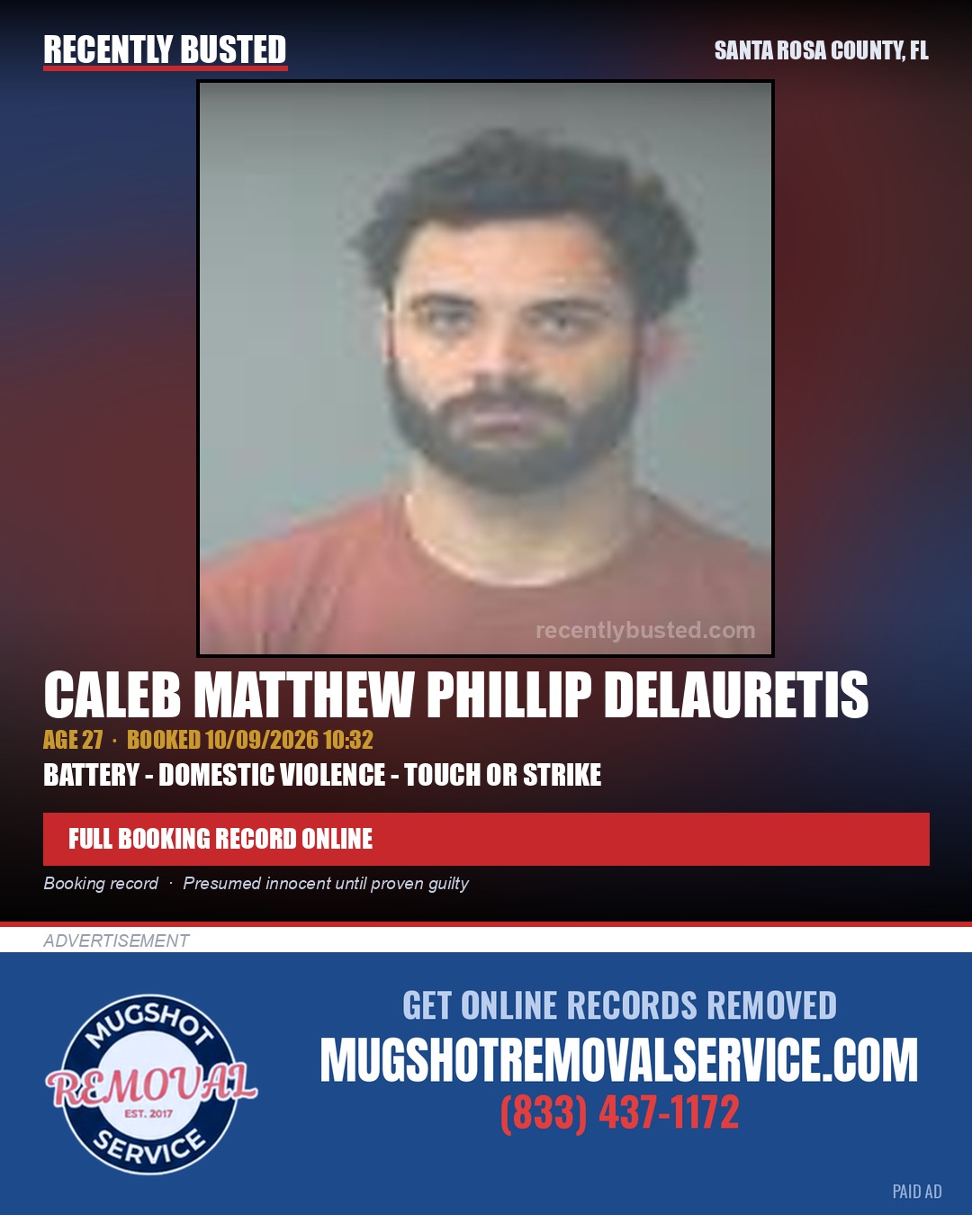 Caleb Matthew Phillip Delauretis — arrest record card, Santa Rosa County, Florida