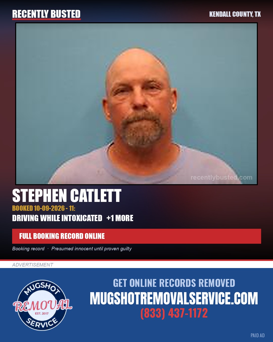 Catlett, Stephen — arrest record card, Kendall County, Texas