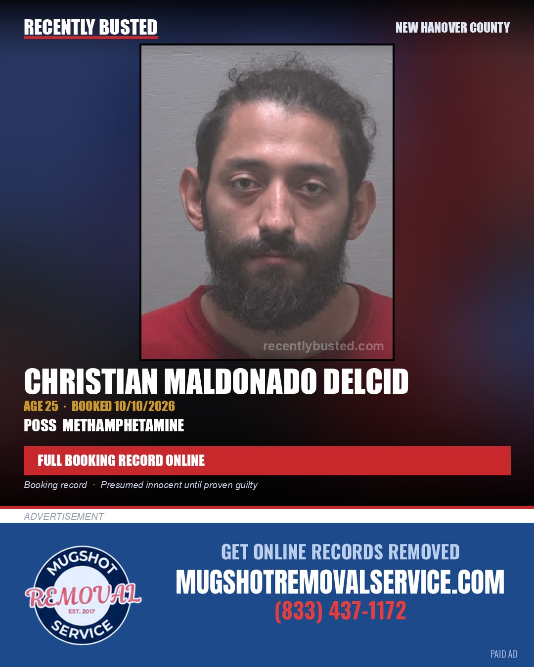 CHRISTIAN MALDONADO DELCID — arrest record card, New Hanover County