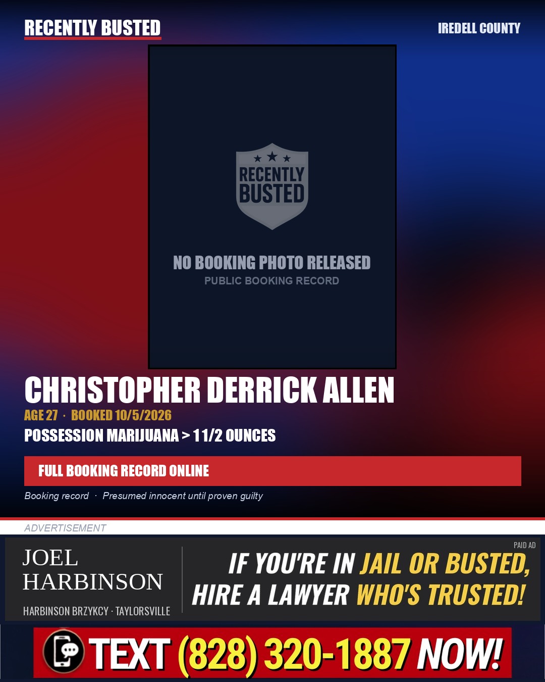 CHRISTOPHER DERRICK ALLEN — arrest record card, Iredell County