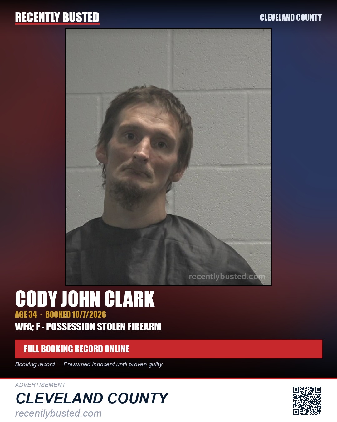 CODY JOHN CLARK — arrest record card, Cleveland County