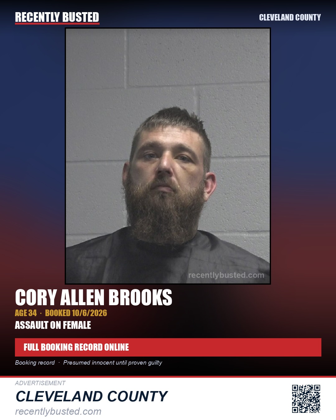 CORY ALLEN BROOKS — arrest record card, Cleveland County