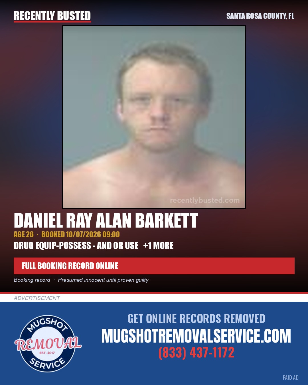 Daniel Ray Alan Barkett — arrest record card, Santa Rosa County, Florida