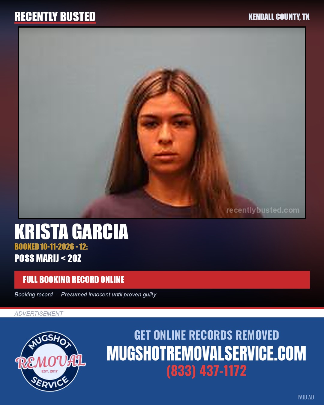 Garcia, Krista — arrest record card, Kendall County, Texas