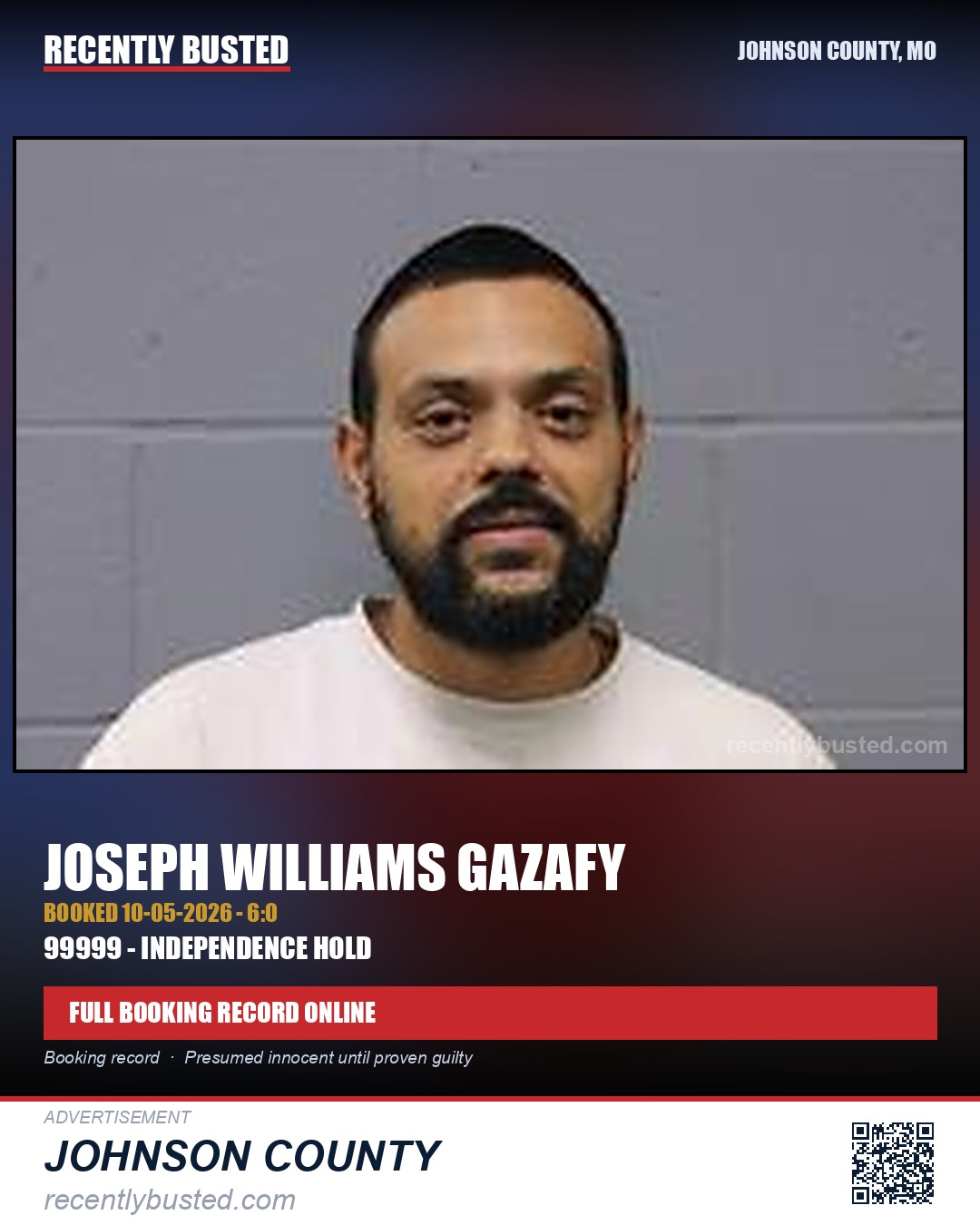 GAZAFY, JOSEPH WILLIAMS — arrest record card, Johnson County, Missouri