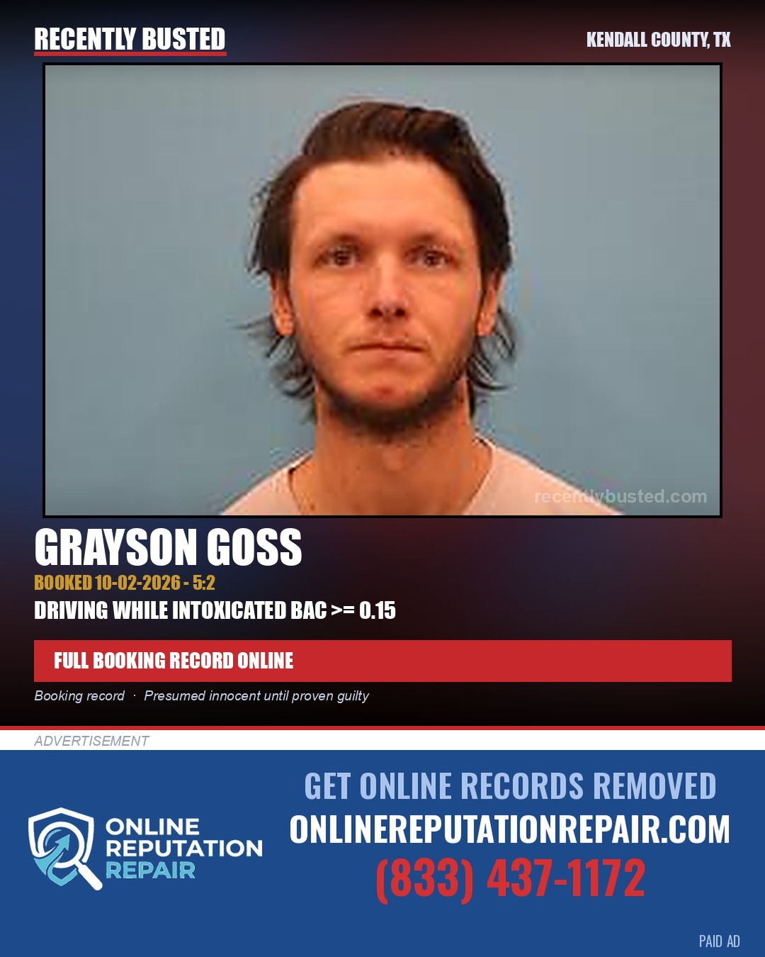 Goss, Grayson — arrest record card, Kendall County, Texas