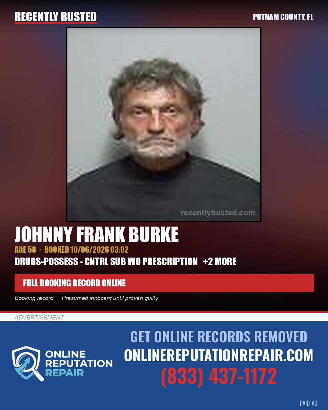 Johnny Frank Burke — arrest record card, Putnam County, Florida