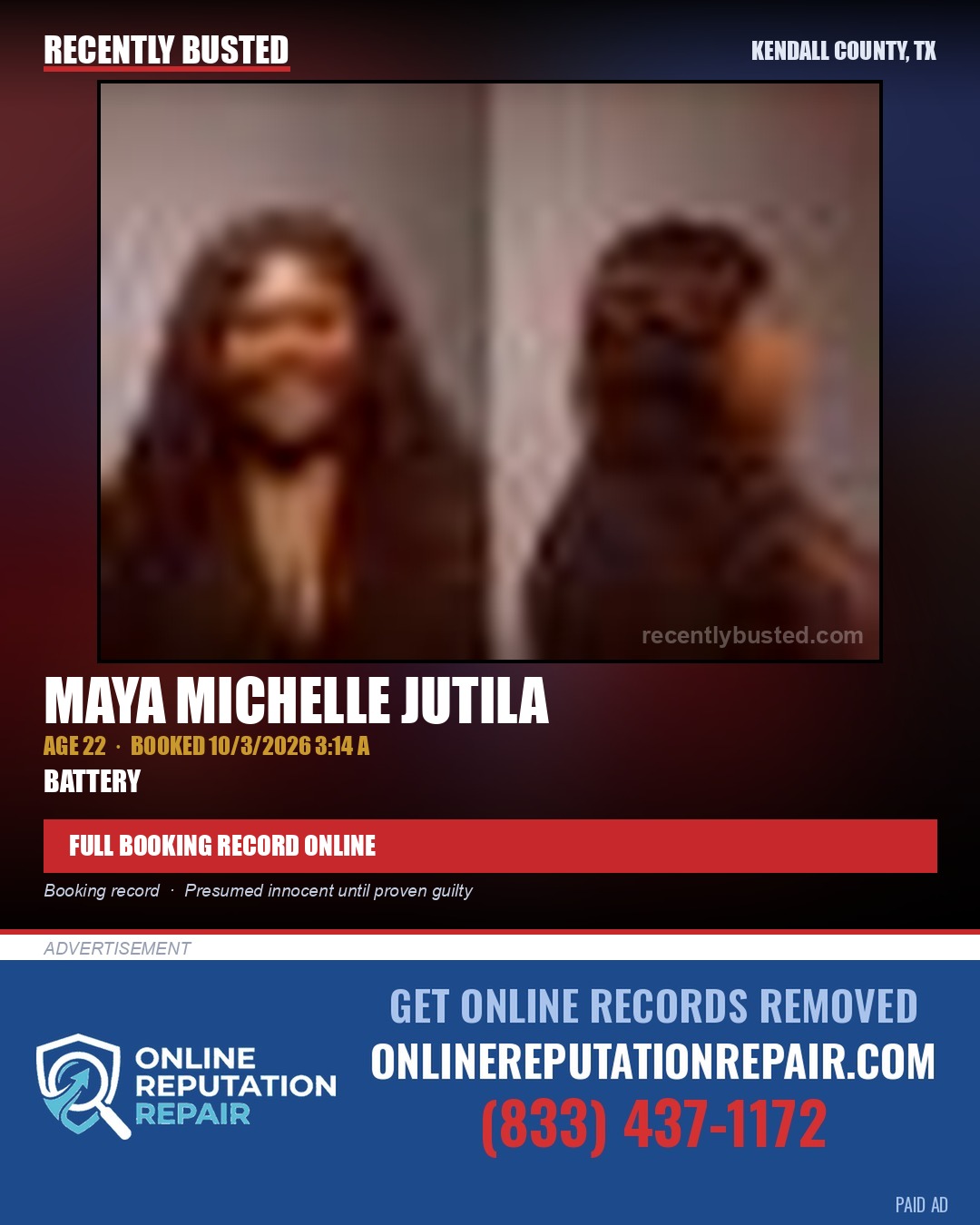 JUTILA, MAYA MICHELLE — arrest record card, Kendall County, Illinois