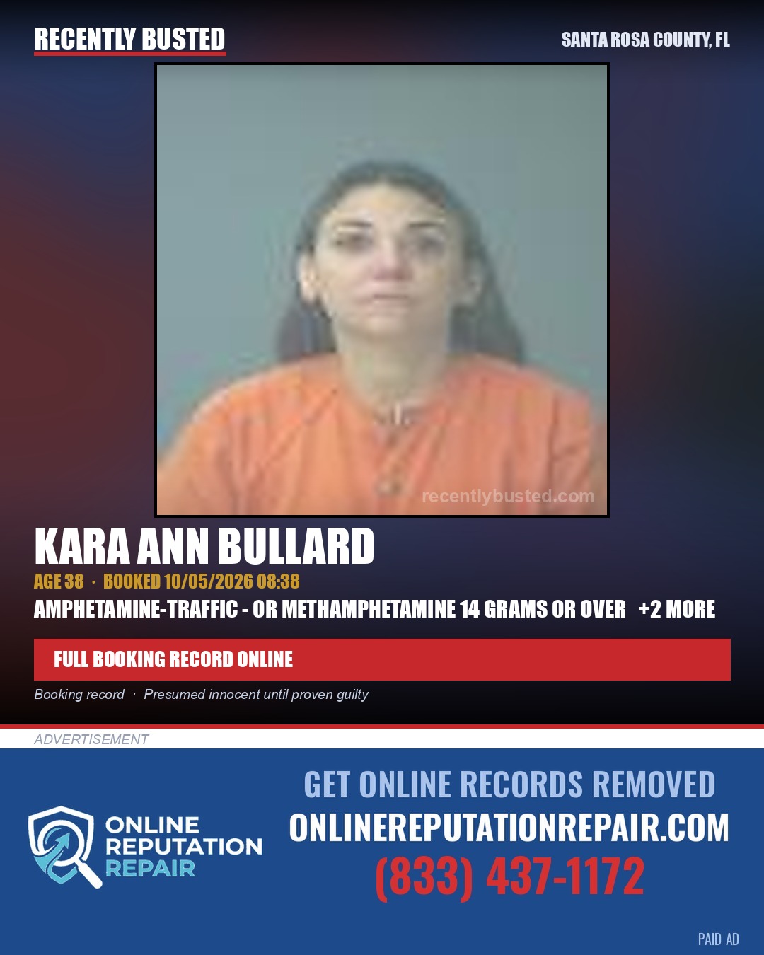 Kara Ann Bullard — arrest record card, Santa Rosa County, Florida