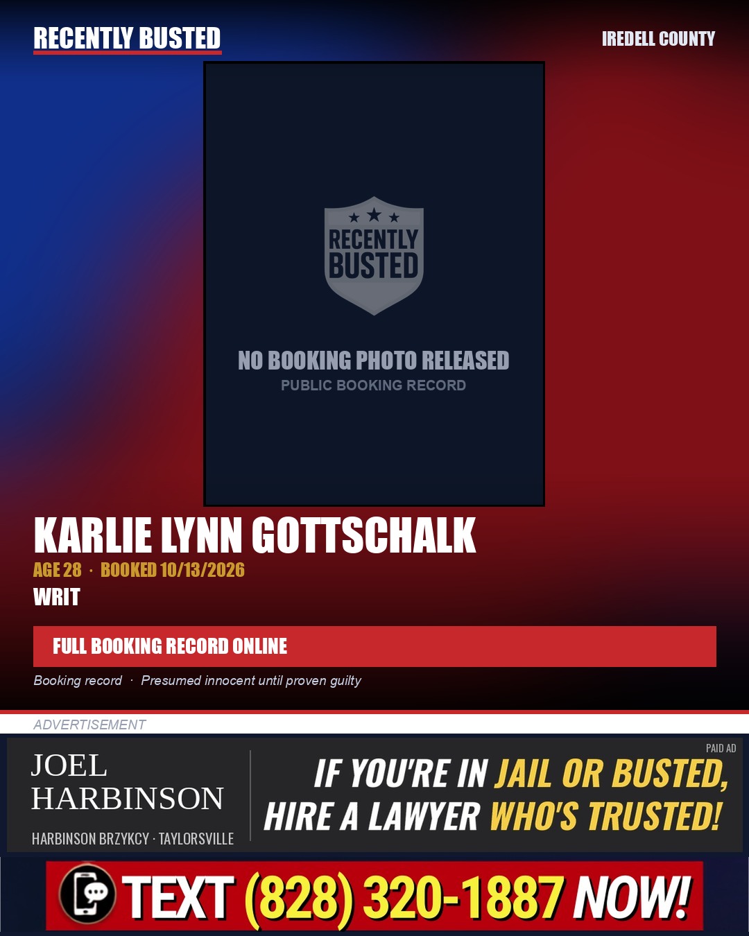 KARLIE LYNN GOTTSCHALK — arrest record card, Iredell County