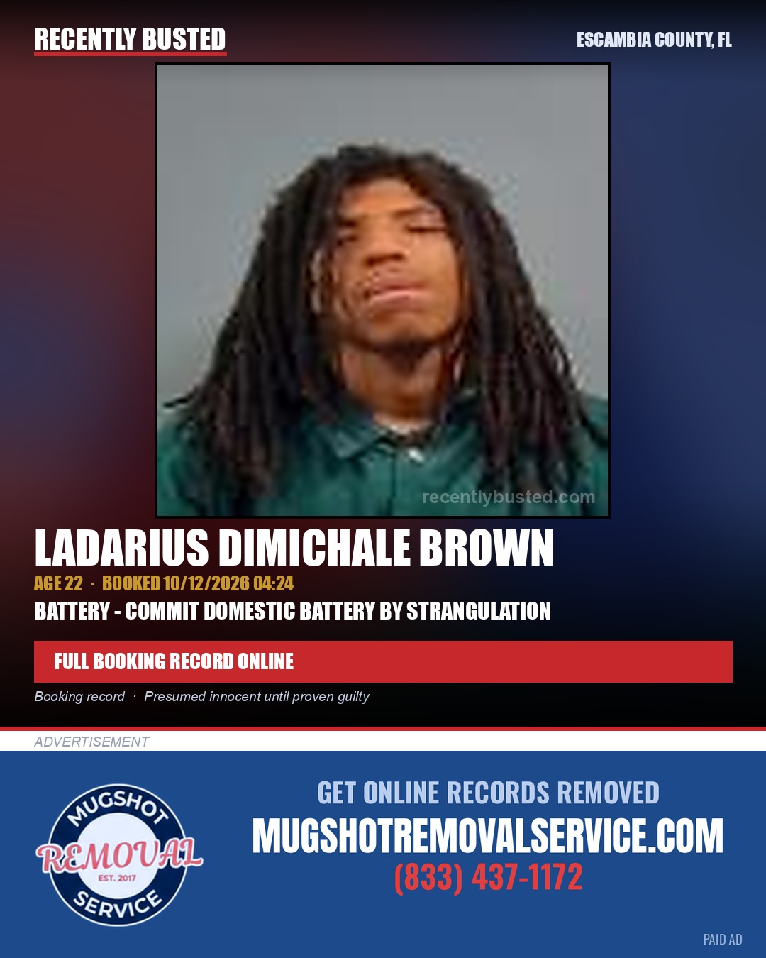 Ladarius Dimichale Brown — arrest record card, Escambia County, Florida