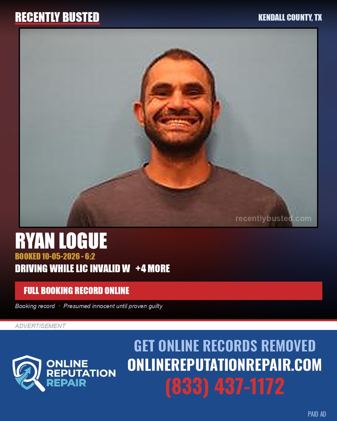 Logue, Ryan — arrest record card, Kendall County, Texas