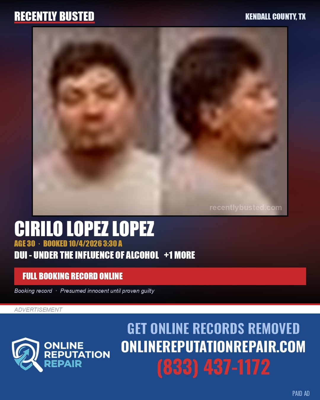 LOPEZ LOPEZ, CIRILO — arrest record card, Kendall County, Illinois
