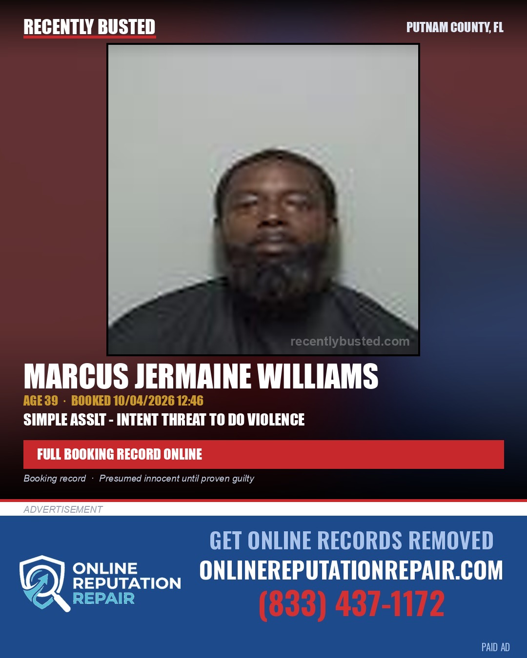Marcus Jermaine Williams — arrest record card, Putnam County, Florida