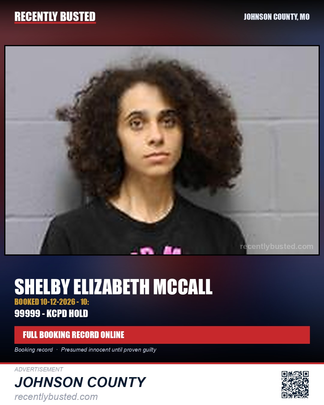 MCCALL, SHELBY ELIZABETH — arrest record card, Johnson County, Missouri