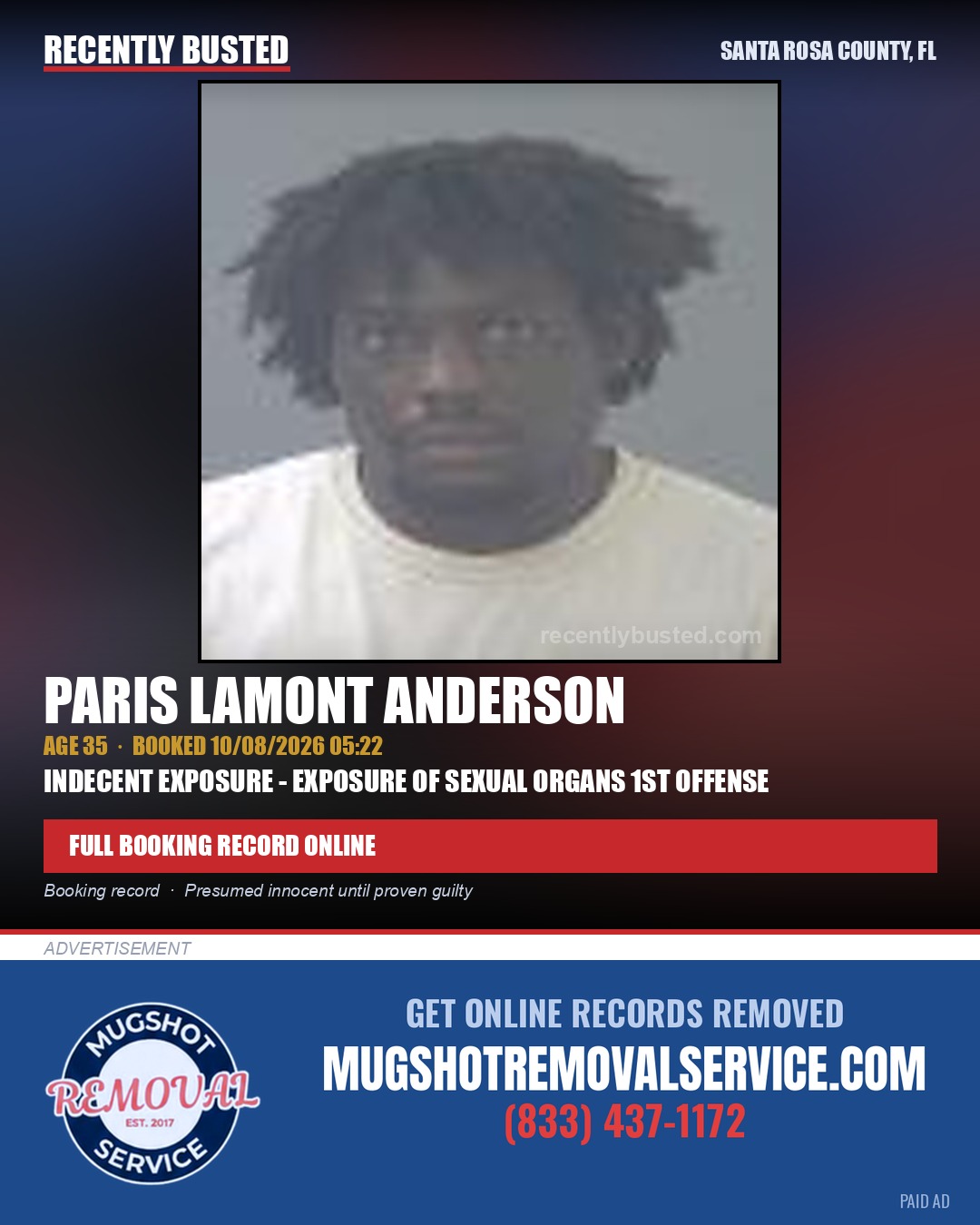 Paris Lamont Anderson — arrest record card, Santa Rosa County, Florida