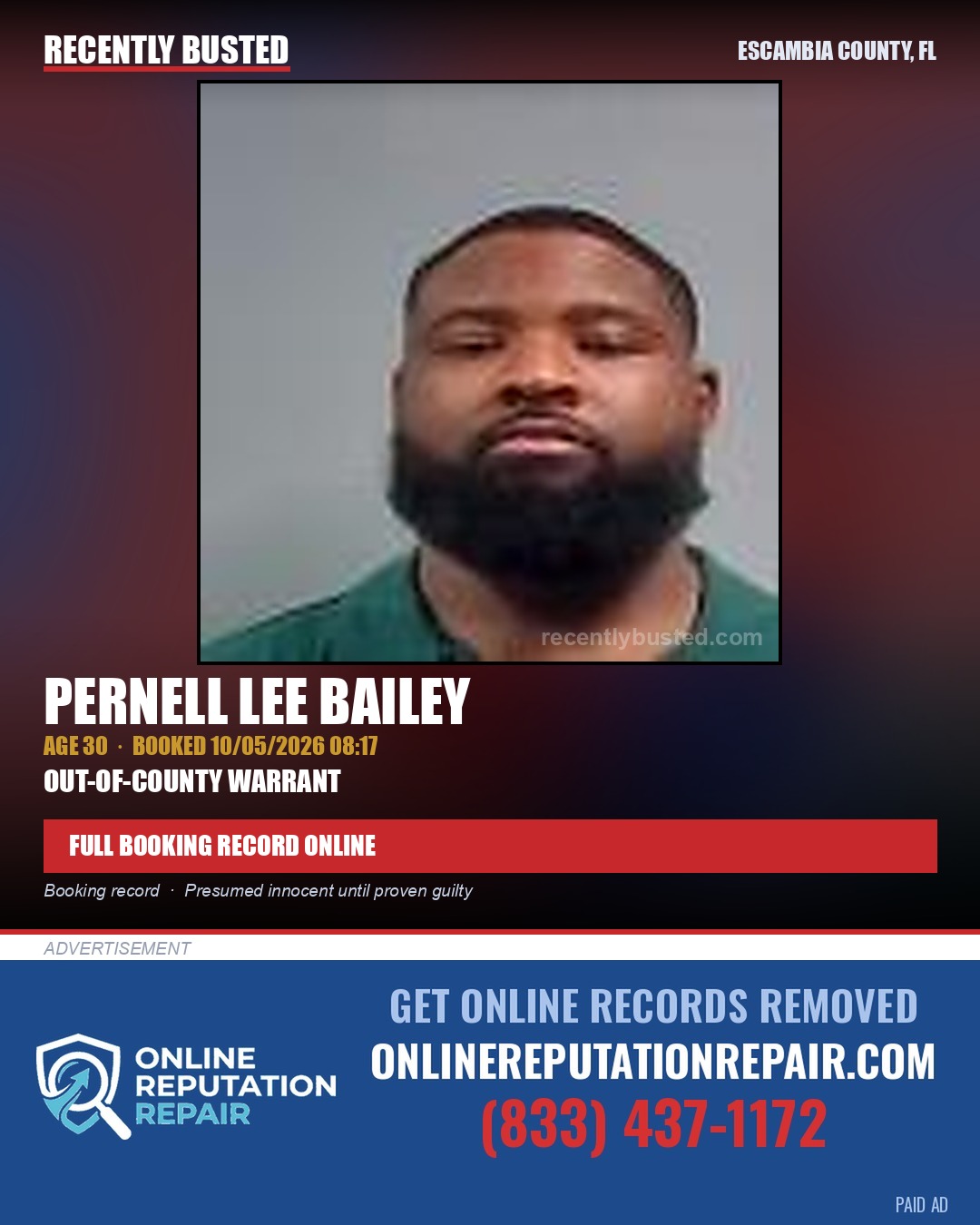 Pernell Lee Bailey — arrest record card, Escambia County, Florida