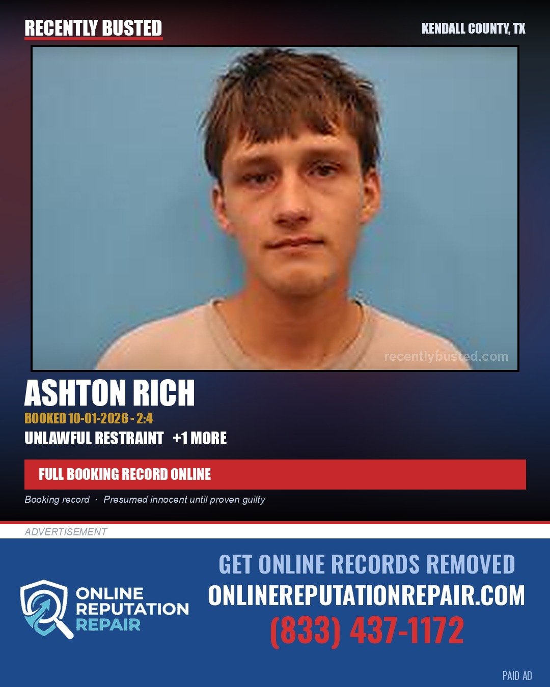 Rich, Ashton — arrest record card, Kendall County, Texas