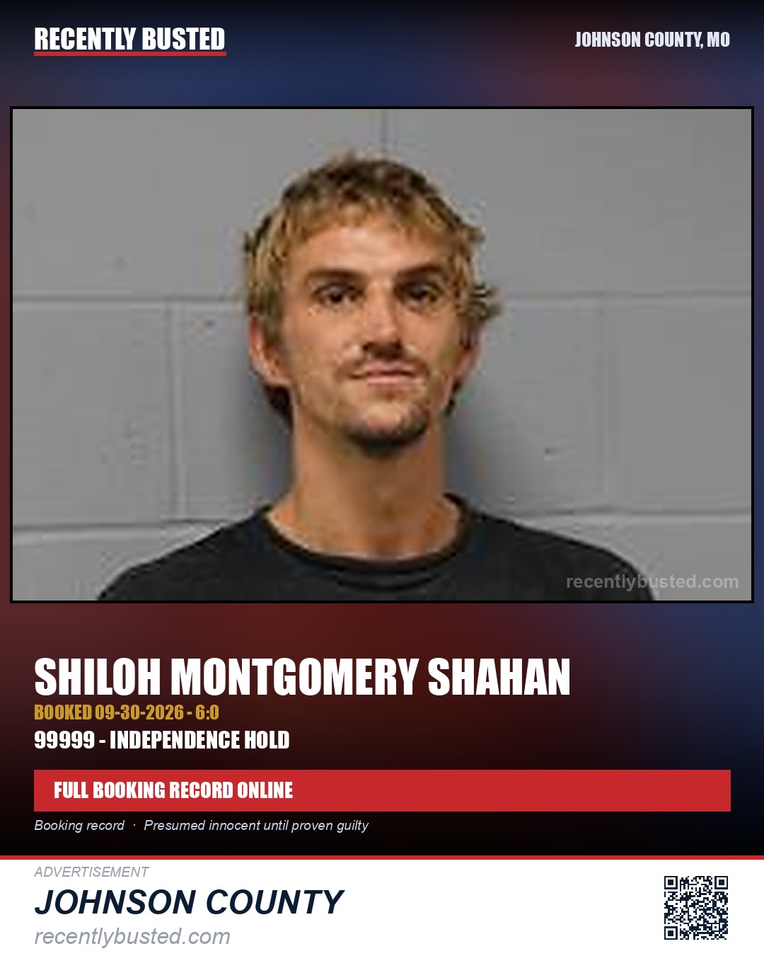 SHAHAN, SHILOH MONTGOMERY — arrest record card, Johnson County, Missouri