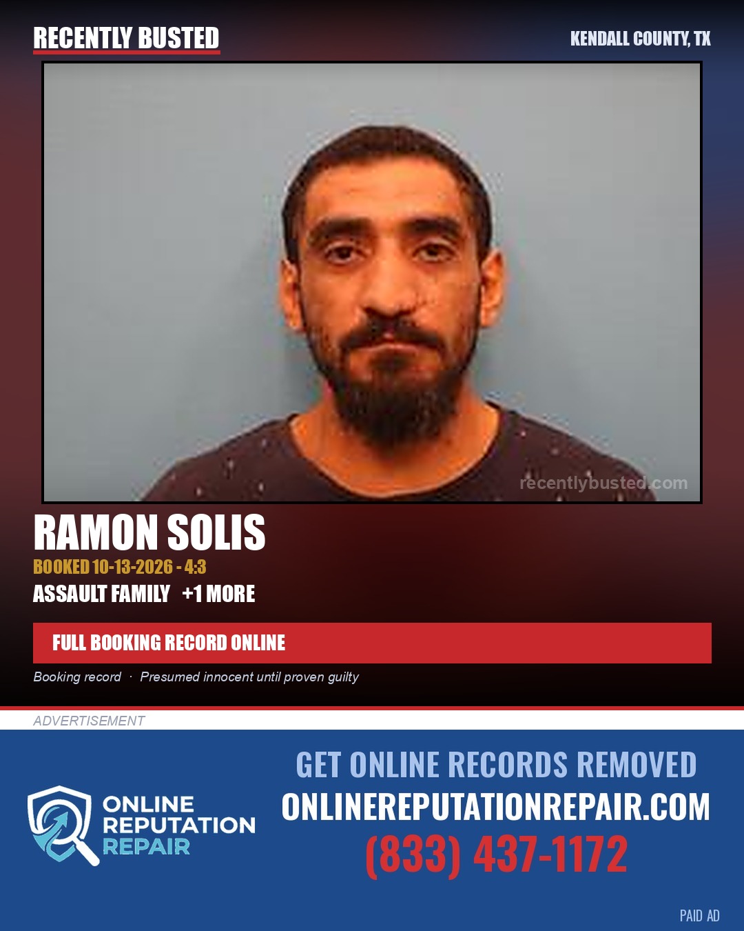 Solis, Ramon — arrest record card, Kendall County, Texas