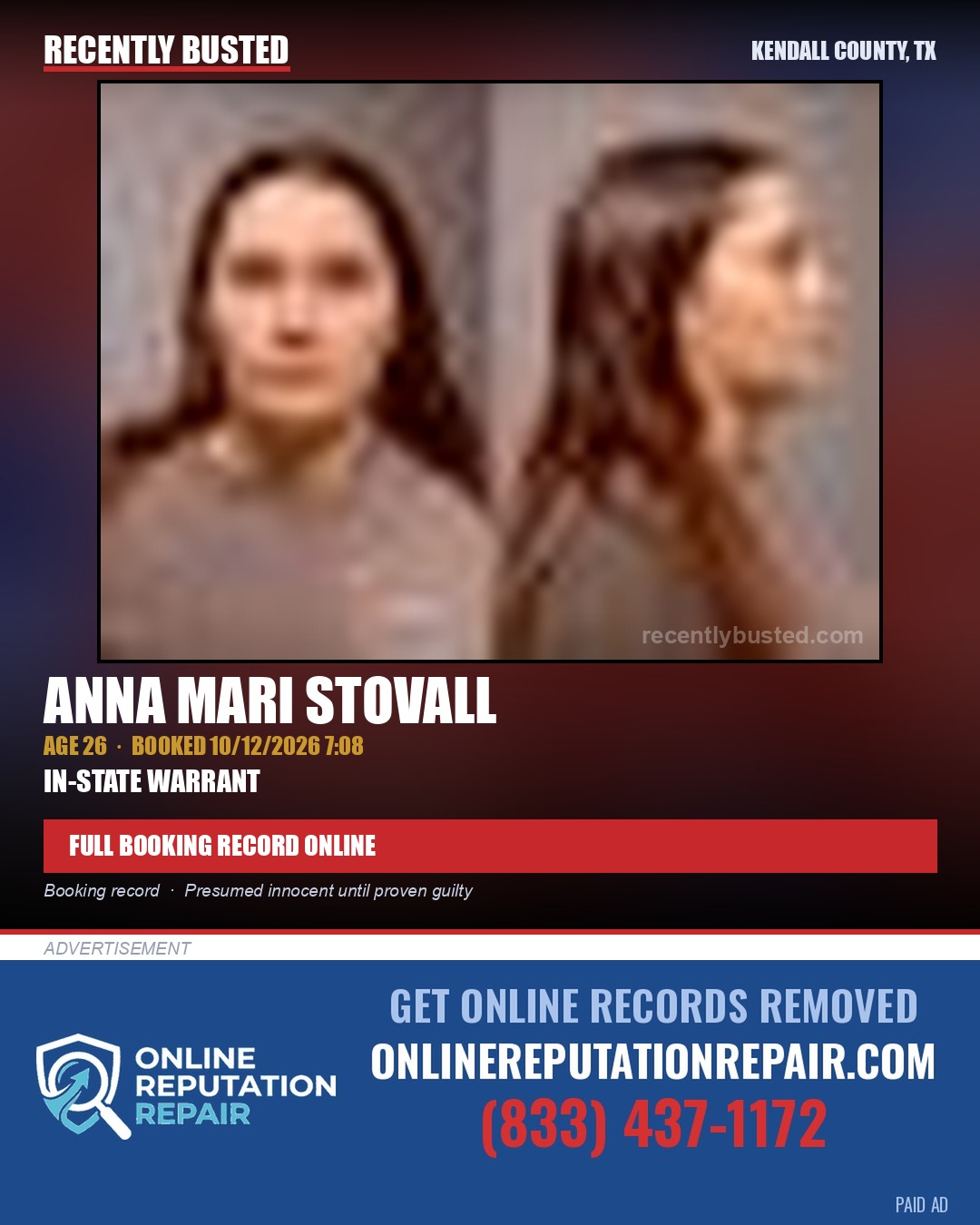STOVALL, ANNA MARI — arrest record card, Kendall County, Illinois