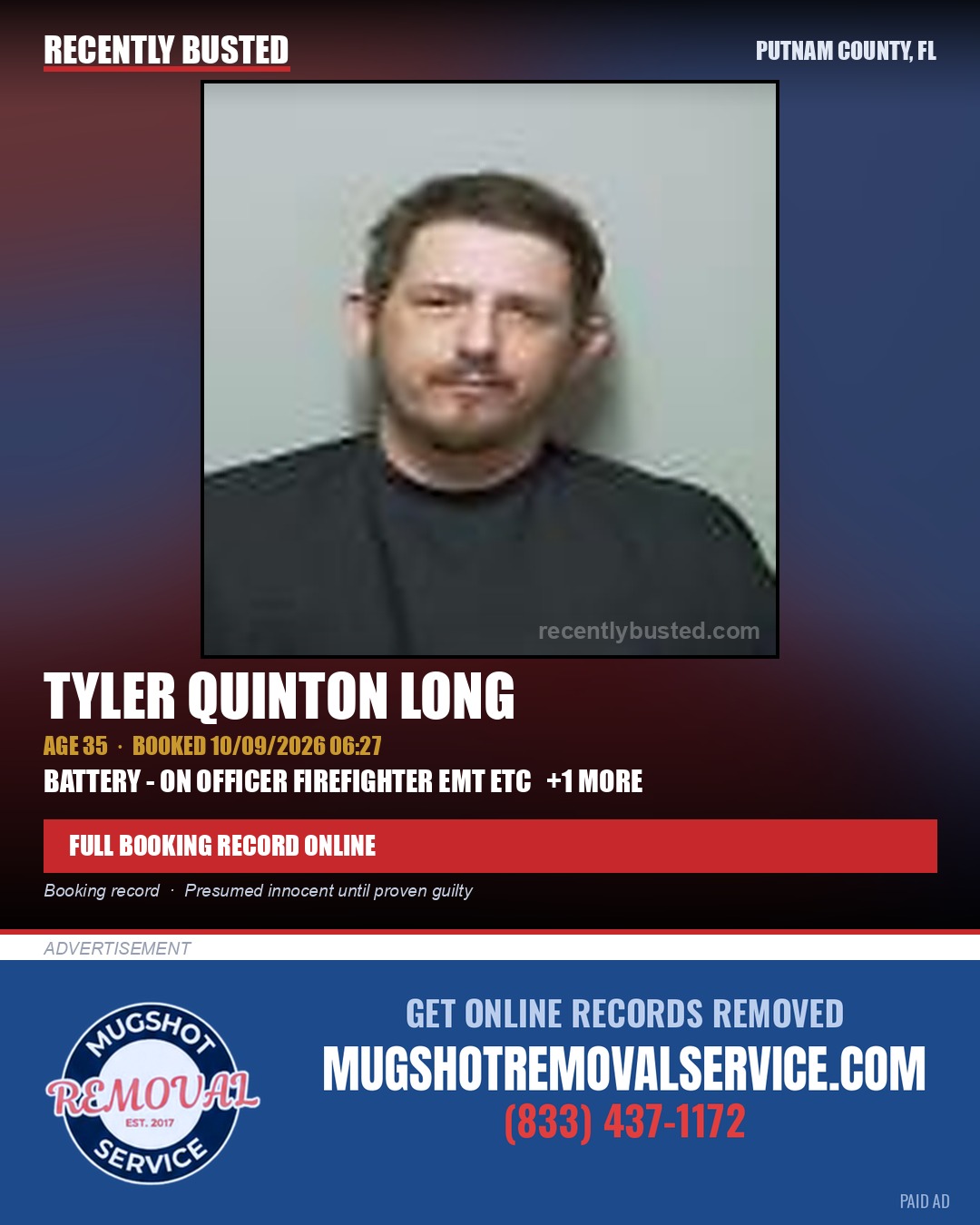 Tyler Quinton Long — arrest record card, Putnam County, Florida