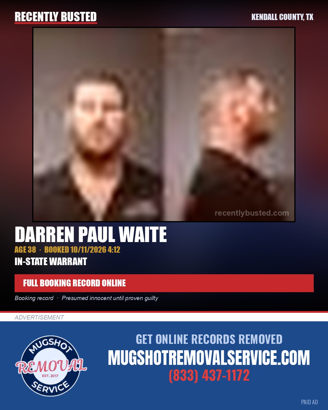 WAITE, DARREN PAUL — arrest record card, Kendall County, Illinois