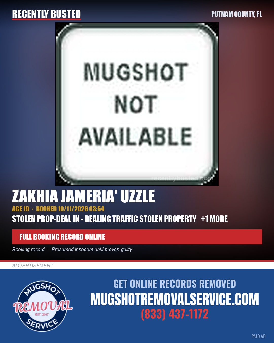 Zakhia Jameria' Uzzle — arrest record card, Putnam County, Florida