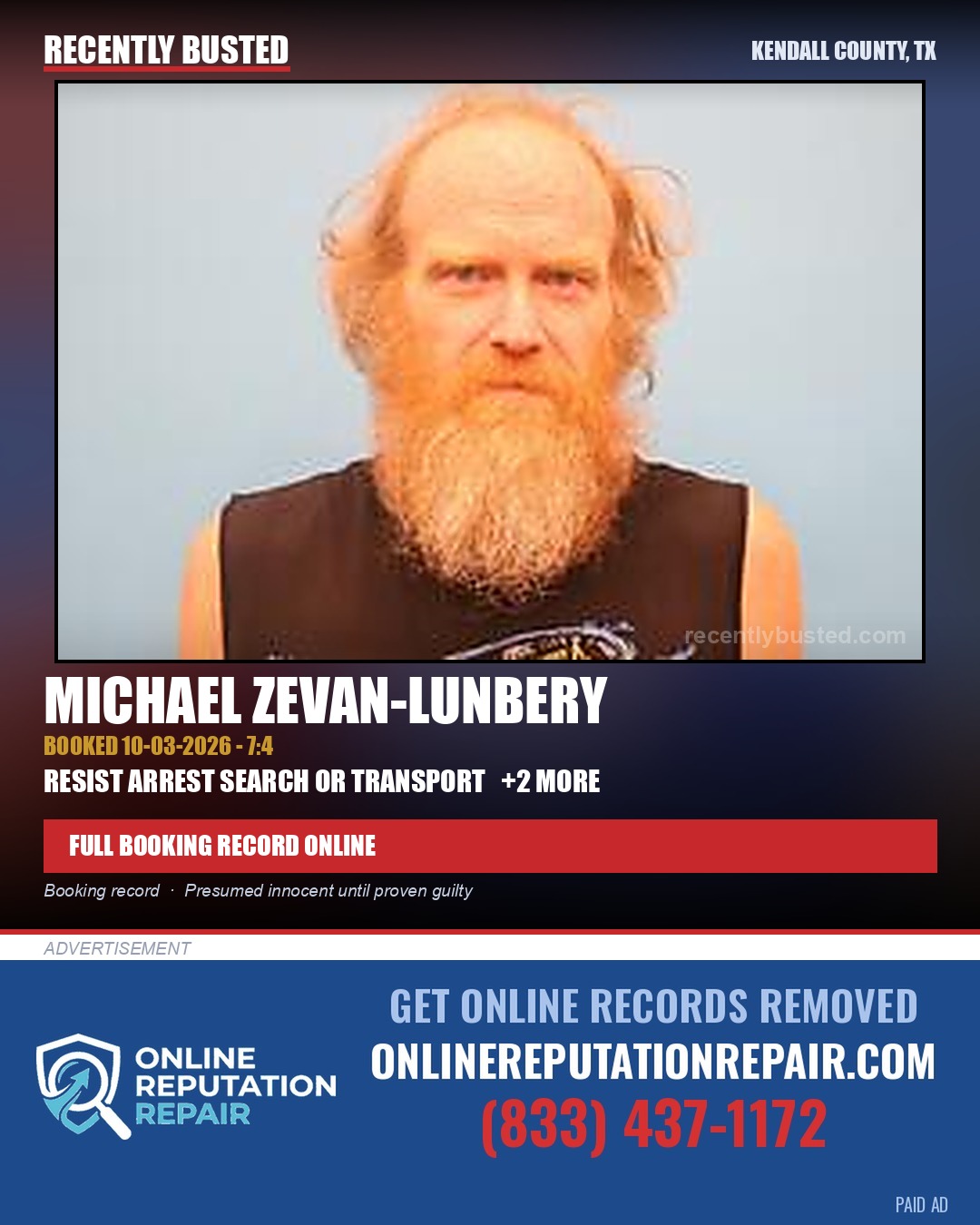 Zevan-Lunbery, Michael — arrest record card, Kendall County, Texas
