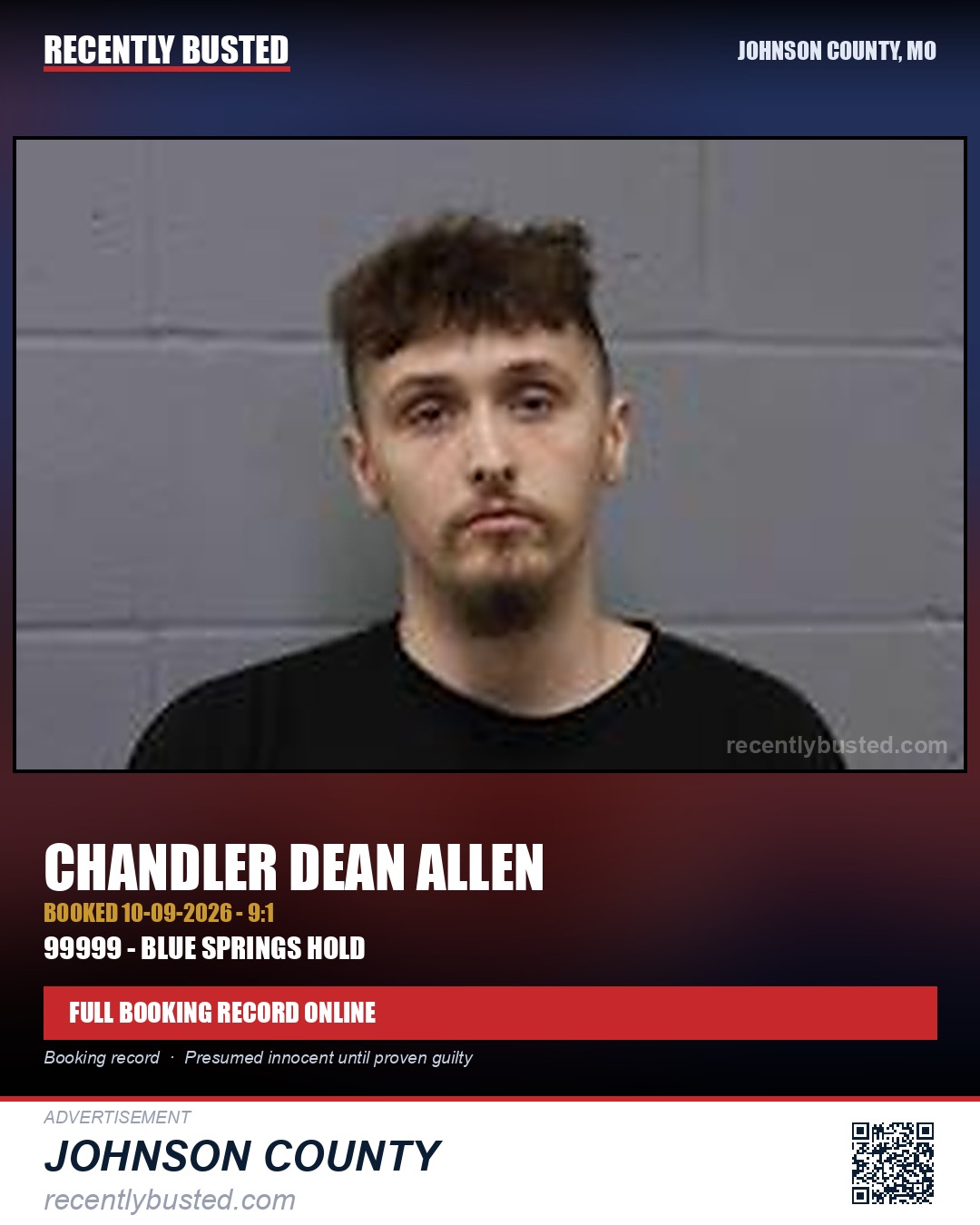 ALLEN, CHANDLER DEAN — arrest record card, Johnson County, Missouri