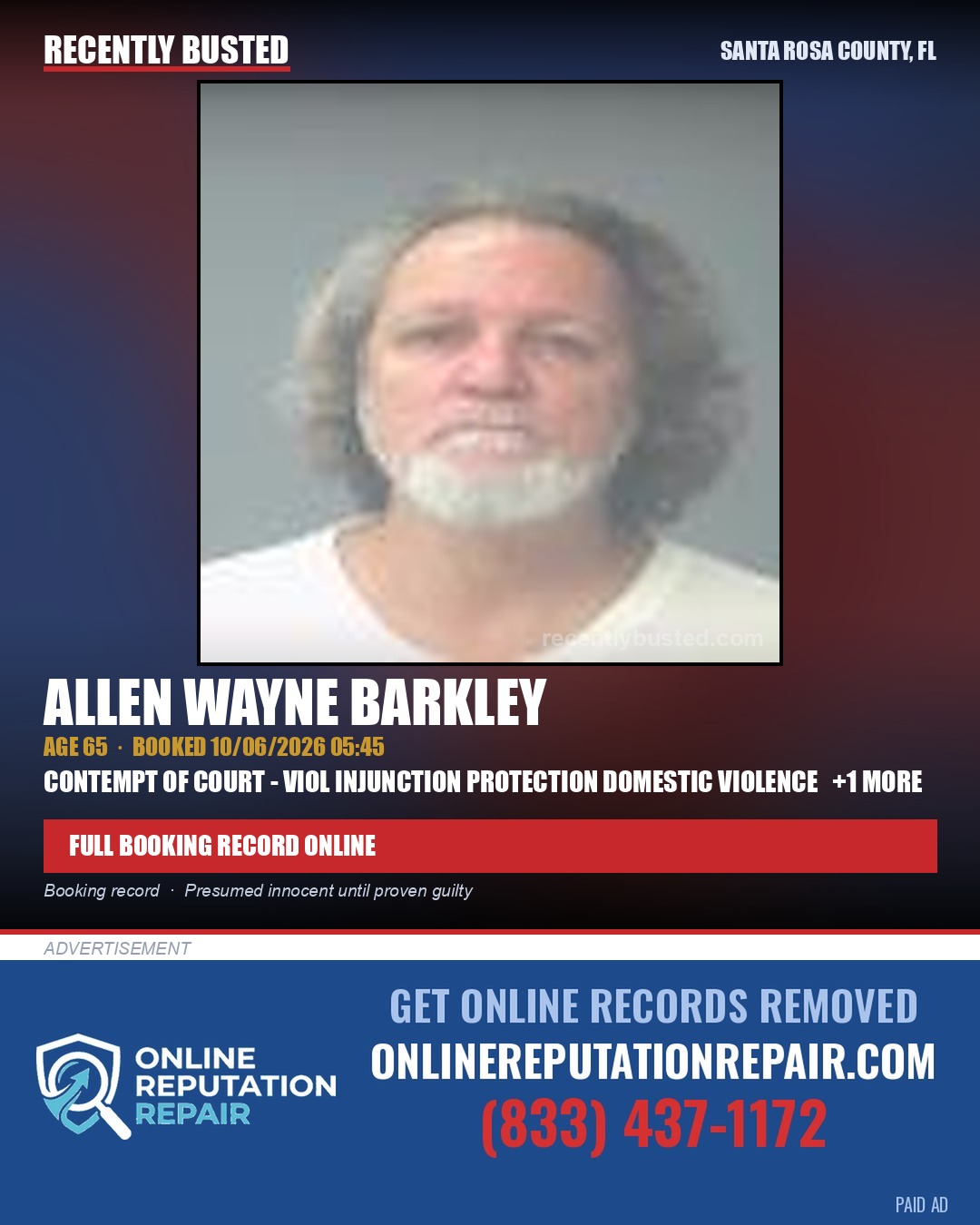 Allen Wayne Barkley — arrest record card, Santa Rosa County, Florida