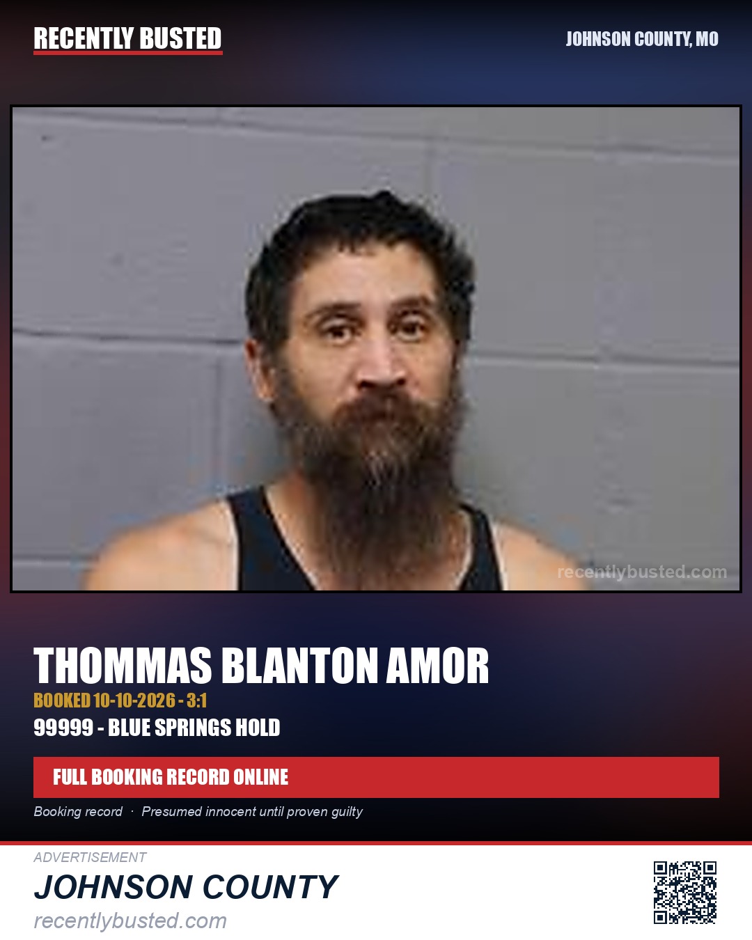 AMOR, THOMMAS BLANTON — arrest record card, Johnson County, Missouri