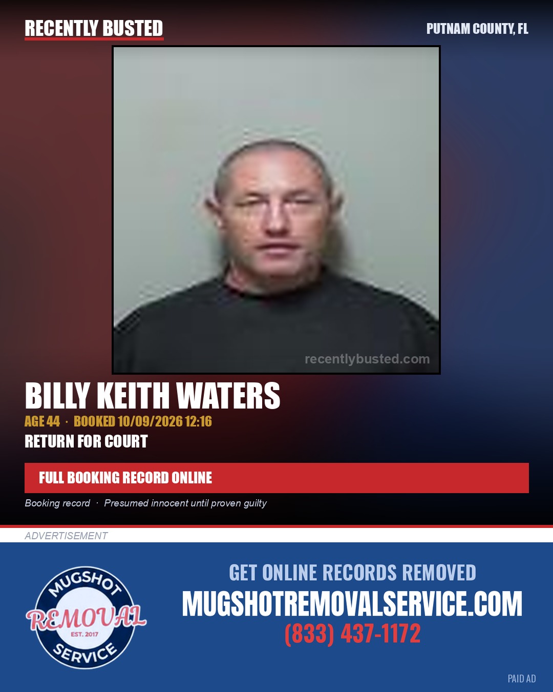 Billy Keith Waters — arrest record card, Putnam County, Florida